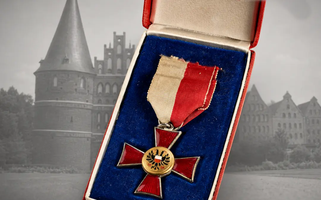 Lübeckisches Hanseatenkreuz im Originaletui, rot emailliertes Kreuz mit Stadtwappen-Medaillon, rot-weißes Band – Militaria Ankauf Lübeck
